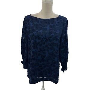 Banana Republic Navy Blue Textured Floral Blouse Womens Medium Tie Sleeves Top